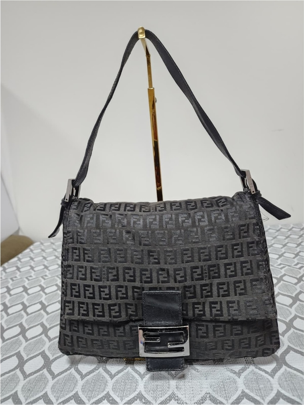 FENDI Zucchino Canvas Mama Forever Bag Fendi Black Baguette FF Logo Shoulder Bag